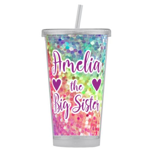 Personalized tumbler personalized with glitter pattern and the sayings "Amelia the Big Sister" and "Heart" and "Heart"