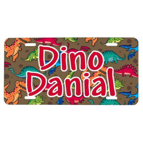 Custom license plate personalized with dinosaurs pattern and the saying "Dino Danial"
