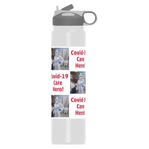 Insulated water bottle personalized with a photo and the saying "Covid-19 Care Hero!" in white and cherry red