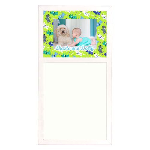 Personalized white board personalized with puppies pattern and photo and the saying "Shasta and Dolly"