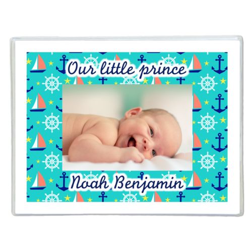 Personalized note cards personalized with anchor pattern and photo and the sayings "Our little prince" and "Noah Benjamin"