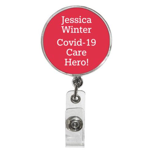 Personalized badge reel personalized with the saying "Jessica Winter Covid-19 Care Hero!"