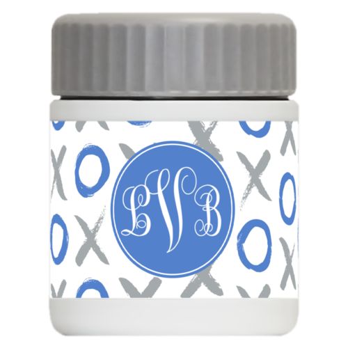Personalized 12oz food jar personalized with hugs pattern and monogram in winter blue and silver