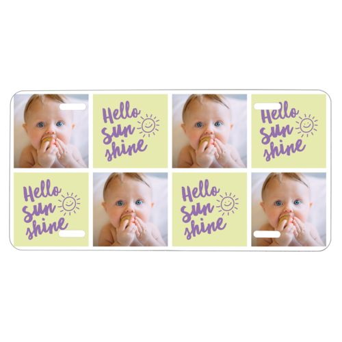 Custom license plate personalized with a photo and the saying "hello sunshine" in grape purple and morning dew green