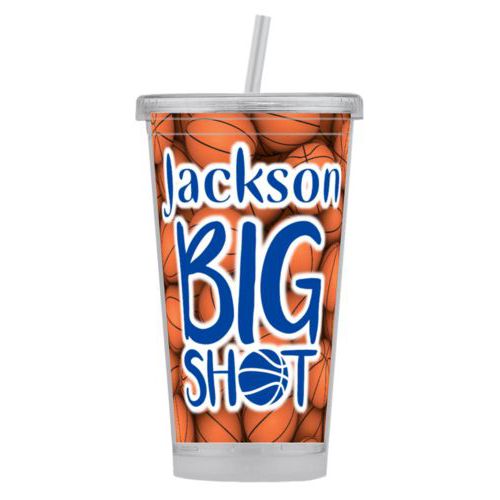 Personalized tumbler personalized with basketballs pattern and the sayings "big shot" and "Jackson"