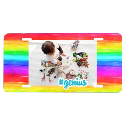 Custom license plate personalized with rainbow bright pattern and photo and the saying "#genius"