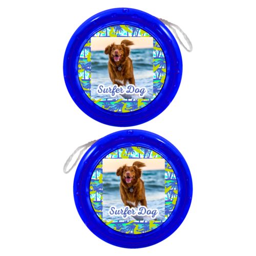 Personalized yoyo personalized with sup pattern and photo and the saying "Surfer Dog"