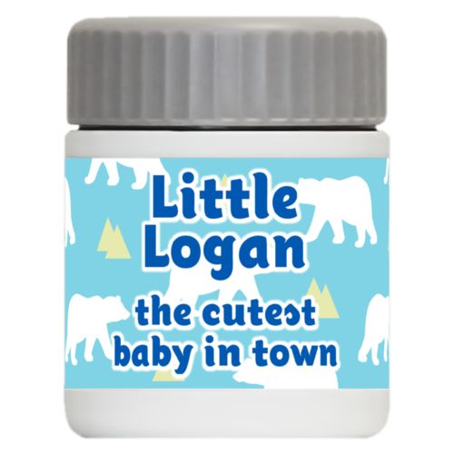 Personalized 12oz food jar personalized with bears pattern and the saying "Little Logan the cutest baby in town"
