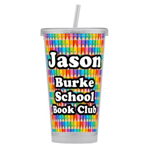 Personalized tumbler personalized with colored pencils pattern and the saying "Jason Burke School Book Club"