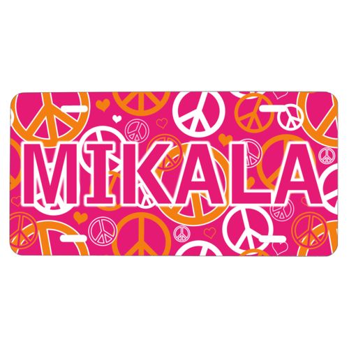 Custom license plate personalized with peace out pattern and the saying "MIKALA"