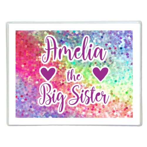 Personalized note cards personalized with glitter pattern and the sayings "Amelia the Big Sister" and "Heart" and "Heart"