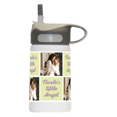 Steel bottle for kids personalized with a photo and the saying "Nicole's Little Angel" in grape purple and morning dew green