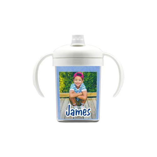 Personalized sippycup personalized with blue chalk pattern and photo and the saying "James"