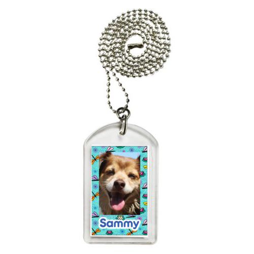 Personalized dog tag personalized with bugs dragonfly pattern and photo and the saying "Sammy"