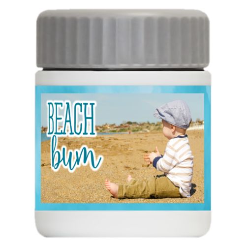 Personalized 12oz food jar personalized with teal cloud pattern and photo and the saying "Beach bum"