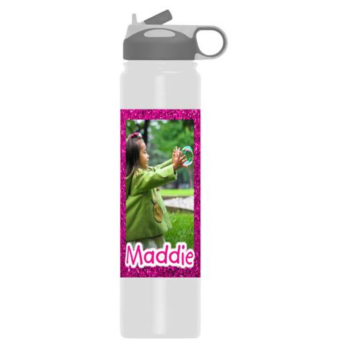 Personalized bottle personalized with pink glitter pattern and photo and the saying "Maddie"