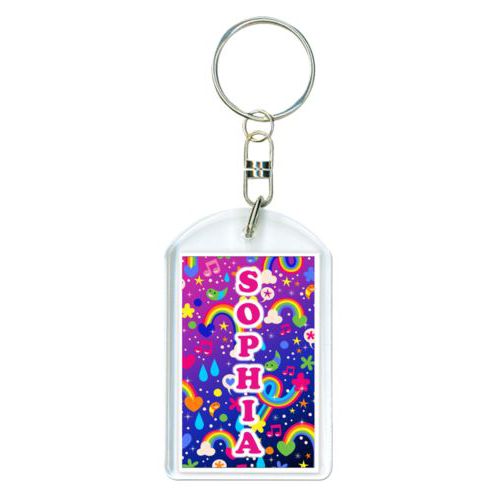 Personalized keychain personalized with rainbows pattern and the saying "S O P H I A"