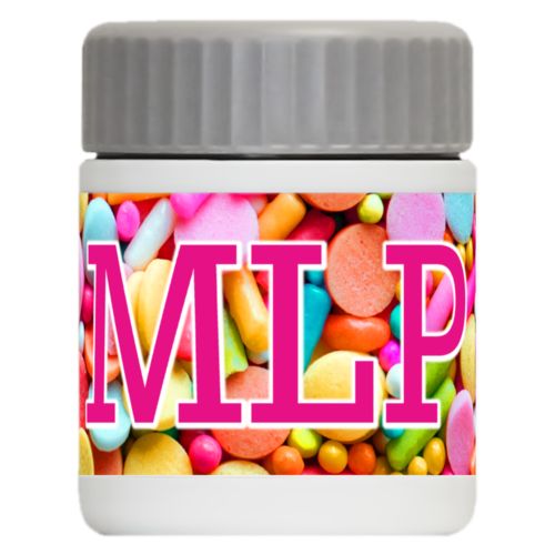 Personalized 12oz food jar personalized with sweets sweet pattern and the saying "MLP"