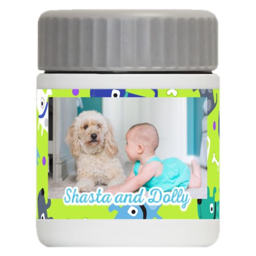 Personalized 12oz food jar personalized with puppies pattern and photo and the saying "Shasta and Dolly"