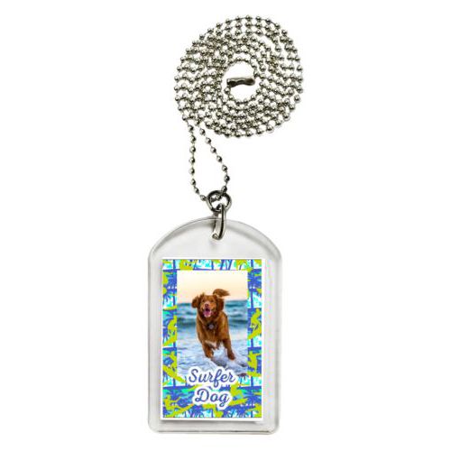 Personalized dog tag personalized with sup pattern and photo and the saying "Surfer Dog"