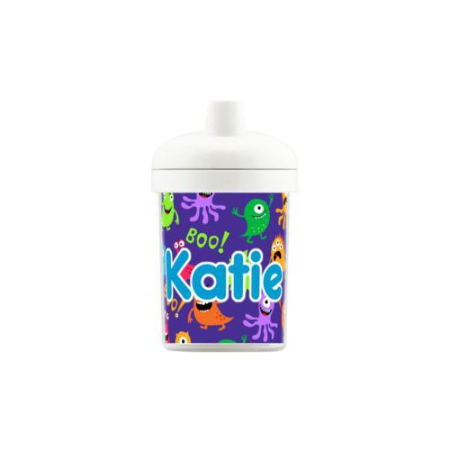 Personalized toddlercup personalized with monsters pattern and the saying "Katie"