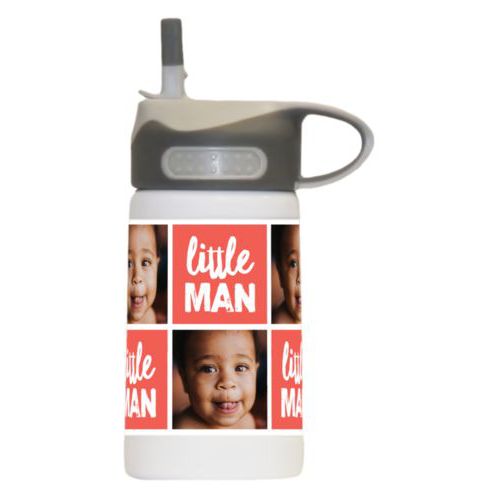 Preschool water bottle personalized with a photo and the saying "little man" in flamingo and white