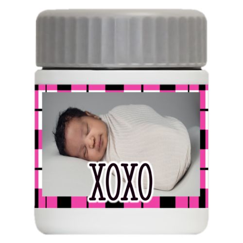 Personalized 12oz food jar personalized with gingham pattern and photo and the saying "xoxo"