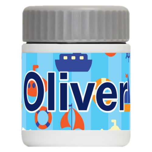 Personalized 12oz food jar personalized with submarine pattern and the saying "Oliver"