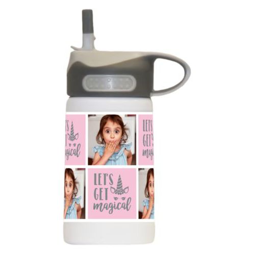 Water bottle for girls personalized with a photo and the saying "let's get magical" in silver and rosy cheeks pink