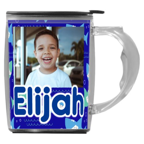 Custom mug with handle personalized with sharks pattern and photo and the saying "Elijah"