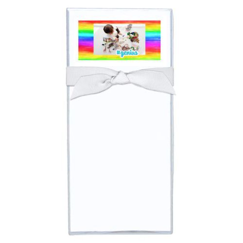 Personalized note sheets personalized with rainbow bright pattern and photo and the saying "#genius"