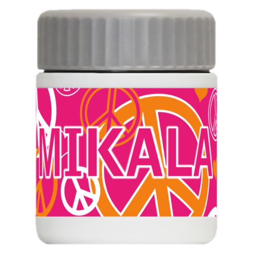 Personalized 12oz food jar personalized with peace out pattern and the saying "MIKALA"