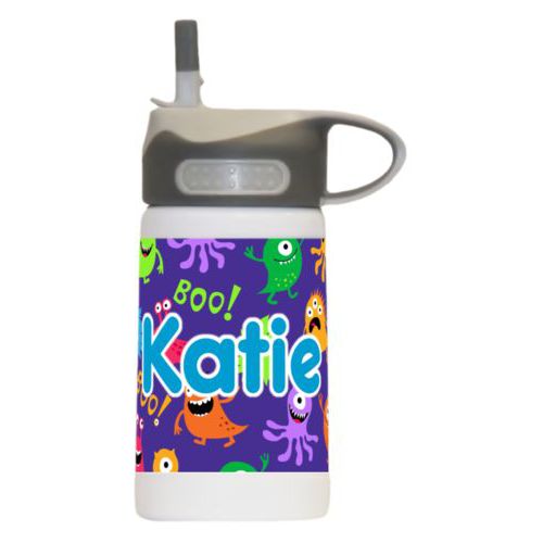 Kids water bottle personalized with monsters pattern and the saying "Katie"