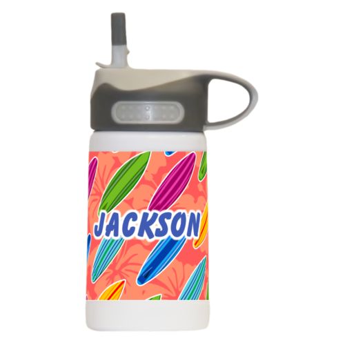 Water bottle for kids personalized with boards pattern and the saying "Jackson"
