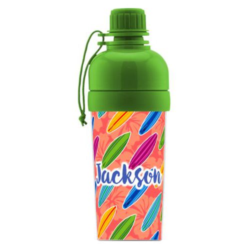 Kids water bottle personalized with boards pattern and the saying "Jackson"