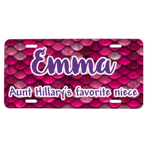 Personalized license plate personalized with pink mermaid pattern and the saying "Emma Aunt Hillary's favorite niece"