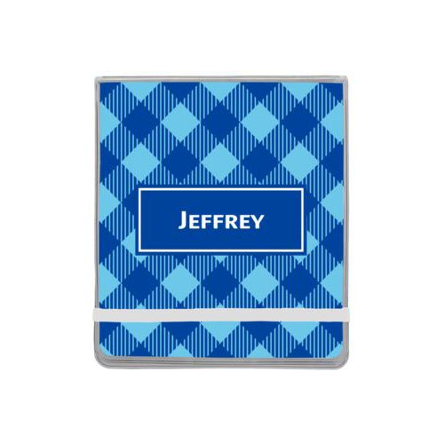 Personalized manicure set personalized with check pattern and name in ultramarine