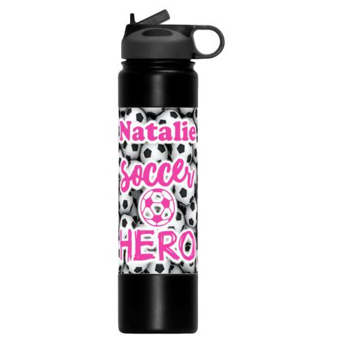 Vacuum sealed water bottle personalized with soccer balls pattern and the sayings "Soccer Hero" and "Natalie"