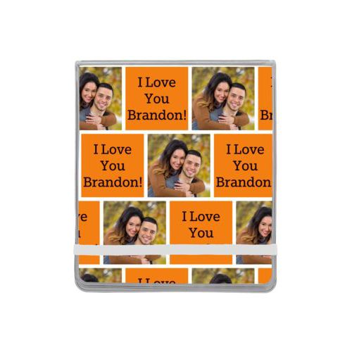 Personalized manicure set personalized with a photo and the saying "I Love You Brandon!" in black and juicy orange