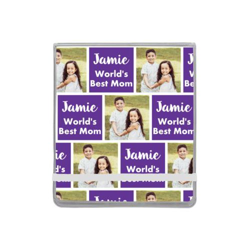 Personalized manicure set personalized with a photo and the saying "Jamie World's Best Mom" in purple and white