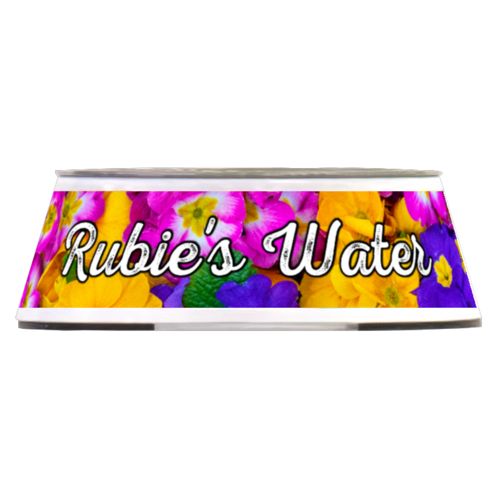 Personalized pet bowl personalized with geranium pattern and the saying "Rubie's Water"