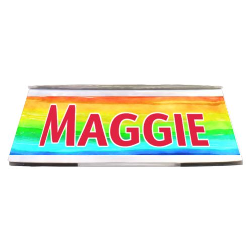 Personalized pet bowl personalized with rainbow bright pattern and the saying "Maggie"