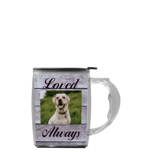 Custom mug with handle personalized with grey wood pattern and photo and the sayings "Loved" and "Always"