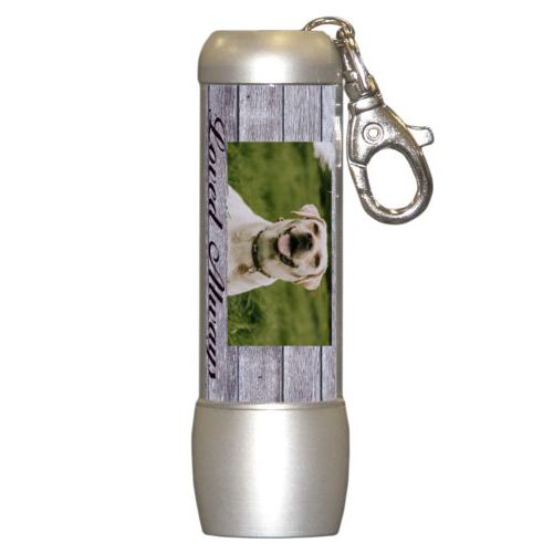 Personalized flashlight personalized with grey wood pattern and photo and the saying "Loved Always"