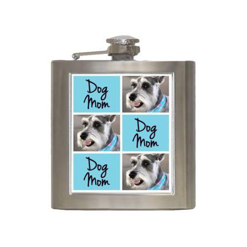 Personalized 6oz flask personalized with a photo and the saying "dog mom" in black and sweet teal