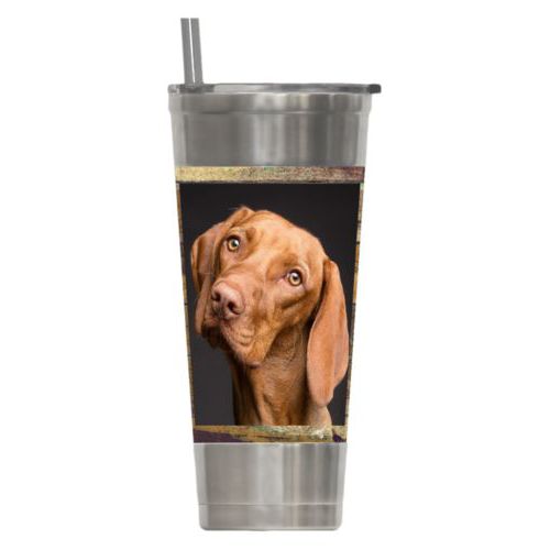 Personalized insulated steel tumbler personalized with brown rustic pattern and photo