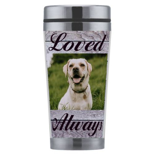 Personalized coffee mug personalized with grey wood pattern and photo and the sayings "Loved" and "Always"