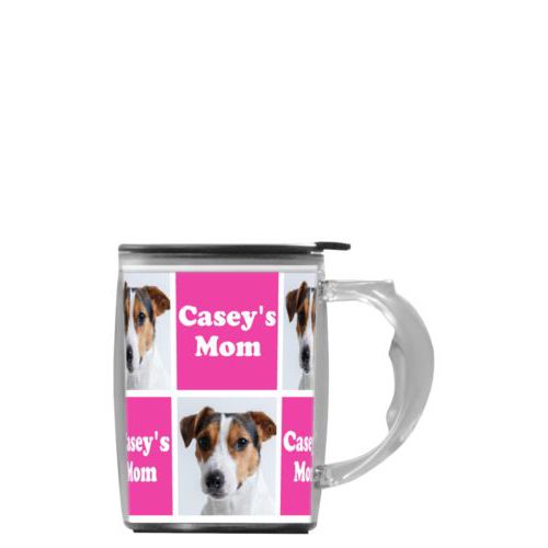 Custom mug with handle personalized with a photo and the saying "Casey's Mom" in juicy pink and white