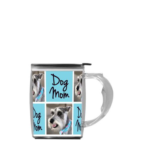 Custom mug with handle personalized with a photo and the saying "dog mom" in black and sweet teal