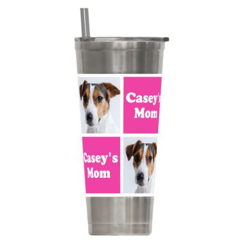 Personalized insulated steel tumbler personalized with a photo and the saying "Casey's Mom" in juicy pink and white